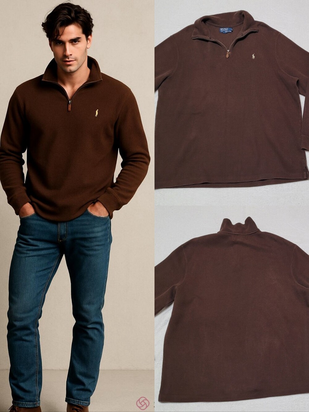 Polo Ralph Lauren Brown Cotton Quarter-Zip Collared Long Sleeve Sweater XL